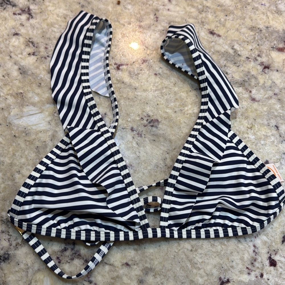 Tory Burch Striped Ruffle Triangle Bikini Top blue/white Size XS - Picture 3 of 9